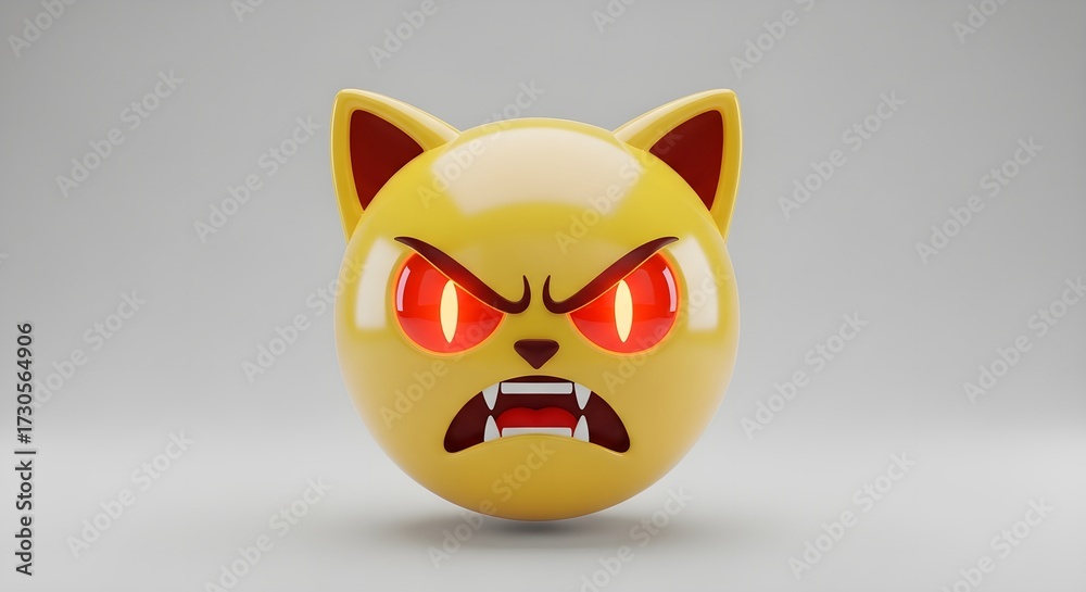 Fototapeta premium Furious Yellow Cat Emoji with Glowing Red Eyes and Fangs