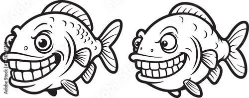 Two cartoon fish with big grins silhouette