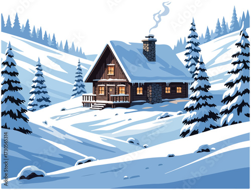 A cozy wooden cabin nestled in a snow-covered landscape with pine trees and smoke rising from the chimney.