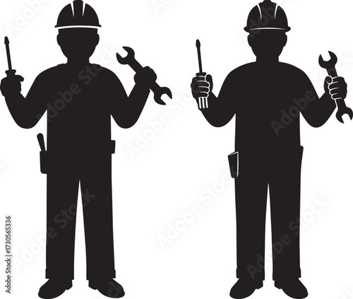 Two construction workers holding tools silhouette