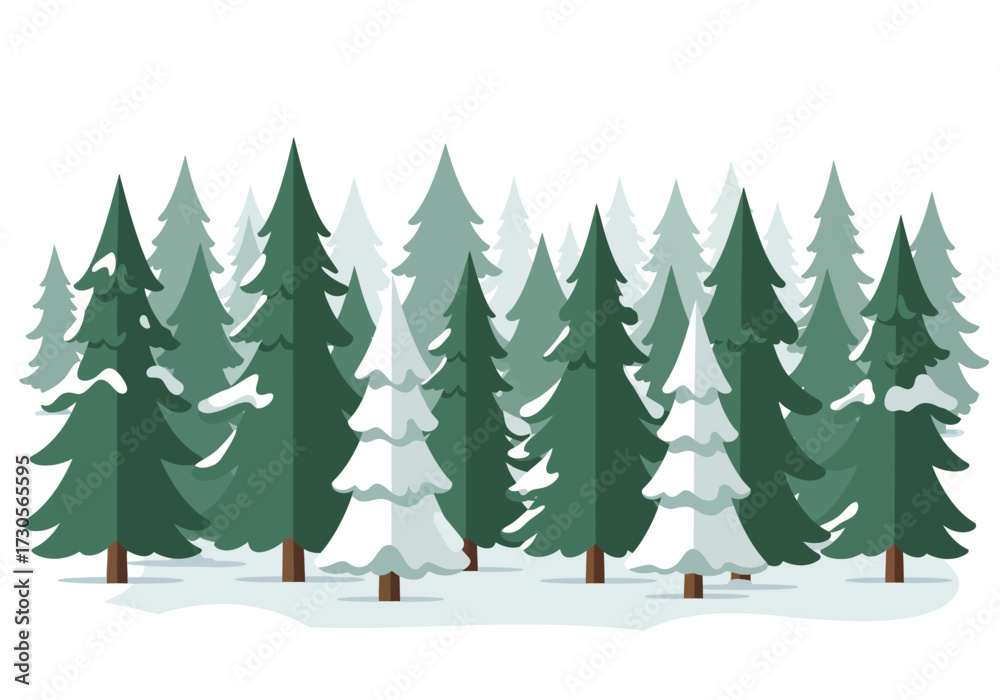Obraz premium A snowy forest scene with evergreen trees of various shades