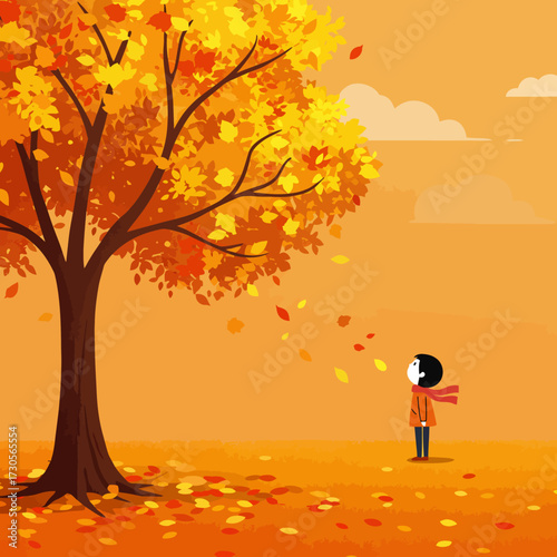 A person wearing a scarf watches colorful autumn leaves fall from a large tree in a warm, orange-toned landscape.