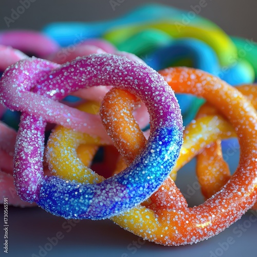 Macro close-up of tangled colorful sugar-coated gummy pretzels