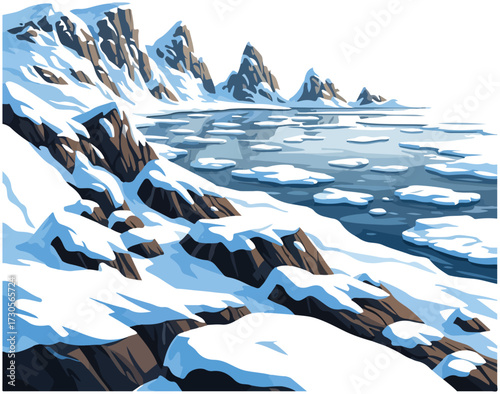 A vector illustration of a snowy arctic coastline with icy water and jagged mountains under a clear sky.