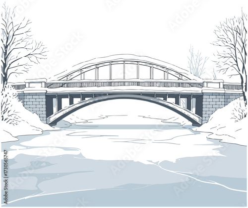 A detailed illustration of a snow-covered arched bridge spanning a frozen river, flanked by bare winter trees.