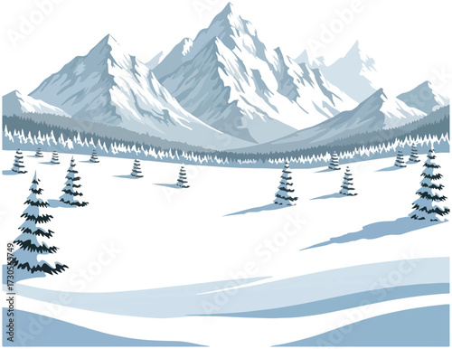 A serene winter landscape featuring majestic snow-covered mountain peaks and a valley with evergreen pine trees.
