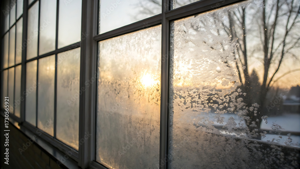 Naklejka premium Frosty window pane with sunlight shining through on a cold winter day