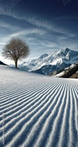 A tranquil winter landscape showcases a snow-covered ski slope with a solitary tree against a backdrop of majestic snow-capped mountains under a bright, clear sky.