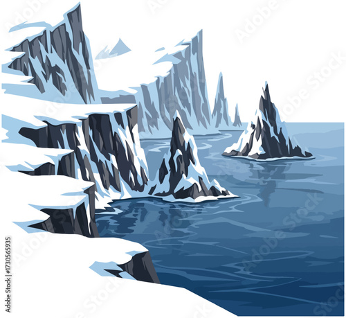 Snowy mountains and water landscape illustration.