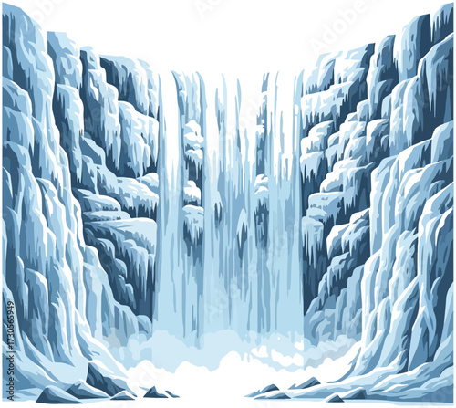 A majestic frozen waterfall cascades down a steep, icy cliff face, surrounded by frost-covered rocks and icicles.