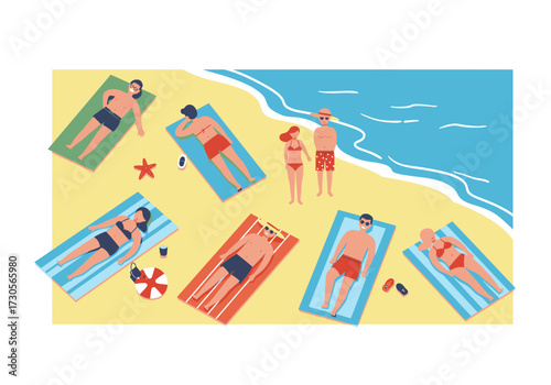Beach scene six sunbathers on towels standing couple lifeguard ring blue water