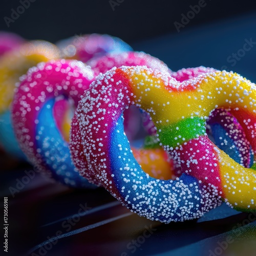 Macro close-up of rainbow gummy pretzels with large white sugar beads on a dark background