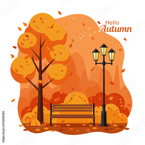 Stylized autumn park scene with a bench, tree, lamppost, and falling orange leaves, featuring a 'Hello Autumn' greeting.