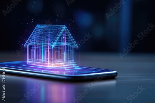Digital house model on smartphone screen showcases technology and concept