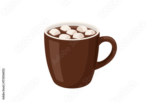 Brown mug filled with hot chocolate and marshmallows on a white background