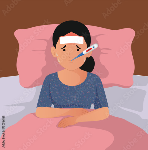 Illustration of a sick woman lying in bed with a high fever. She has a thermometer in her mouth showing a cold compress on her forehead, and looks visibly unwell. Concept of illness, flu, viral infect