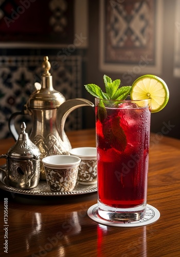 Refreshing Red Iced Tea with Mint and an Arabic Coffee Set