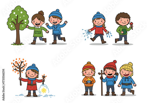 Cartoon depicts children representing spring summer autumn and winter seasons