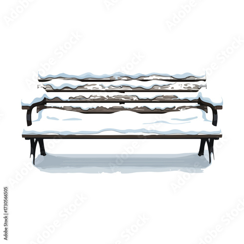 A snow-covered park bench on a white background.