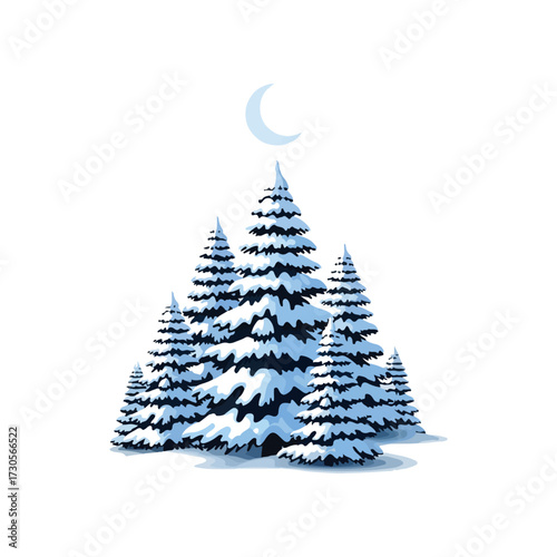 A tranquil winter scene featuring a grove of snow-covered evergreen trees under a crescent moon.