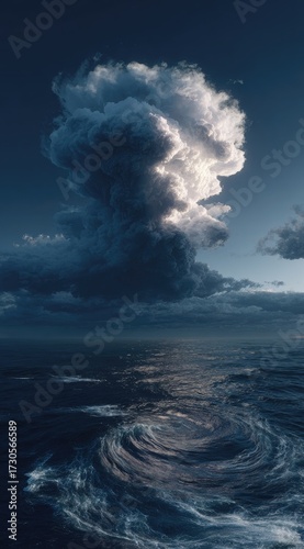 Dramatic cloud formation above ocean reflecting light and shadows in the sky