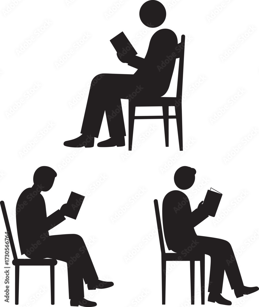 Fototapeta premium Three figures reading books while sitting on chairs silhouette
