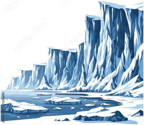 A vector illustration of a majestic arctic landscape with towering ice cliffs and floating icebergs in the frigid sea.