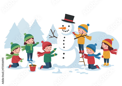Children building a snowman in a snowy landscape with trees