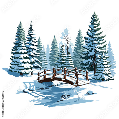 Winter landscape with a wooden bridge over a stream, surrounded by snow-covered pine trees.