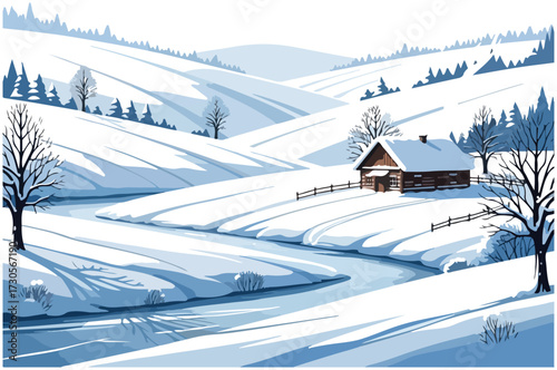 A serene winter landscape featuring a snow-covered valley, a winding river, and a rustic wooden cabin nestled among bare trees and rolling hills.