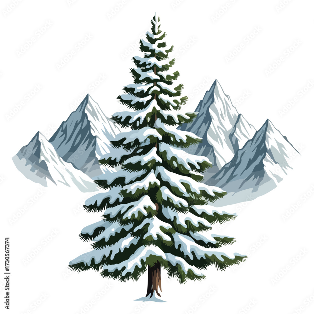 Obraz premium An illustration of a tall, snow-covered evergreen tree set against a backdrop of majestic, jagged mountain peaks.