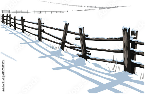 Winter fence line with snow and shadows in a rural landscape illustration.