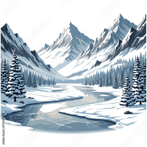 A serene winter landscape featuring snow-covered mountains, pine trees, and a partially frozen river.