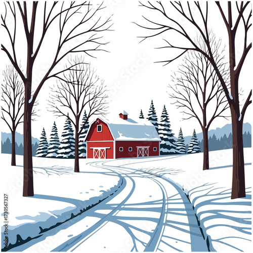A picturesque winter landscape featuring a red barn nestled among snow-covered trees and a winding path with shadows.