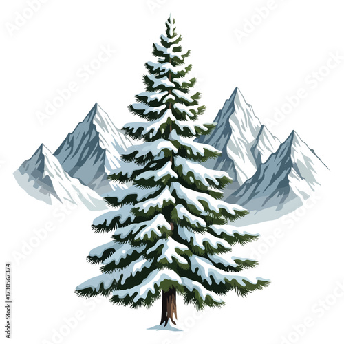 An illustration of a tall, snow-covered evergreen tree set against a backdrop of majestic, jagged mountain peaks.