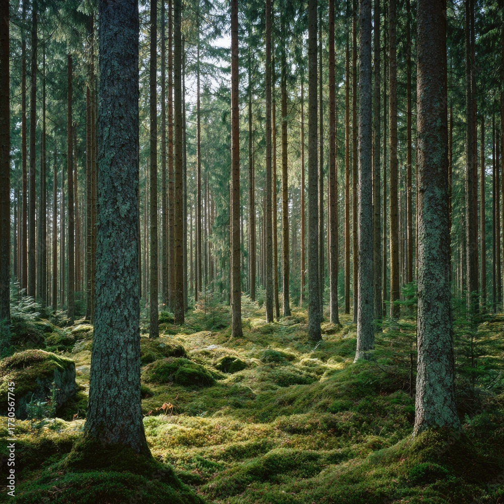 Fototapeta premium Forest interior scene featuring tall trees and vibrant green moss in natural sunlight