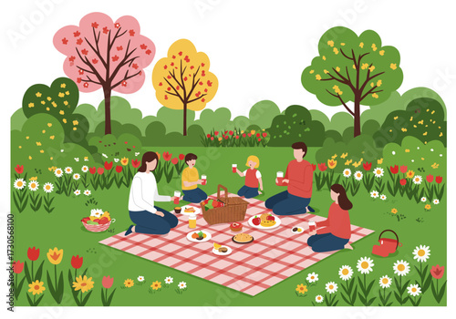 Family picnic on a plaid blanket in a flowerfilled park with lush trees enjoying food and drinks