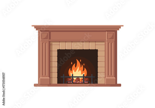 Fireplace with a brick surround mantel burning logs and a fire guard
