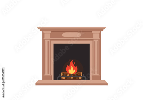 Fireplace with a fire burning on logs within an open hearth