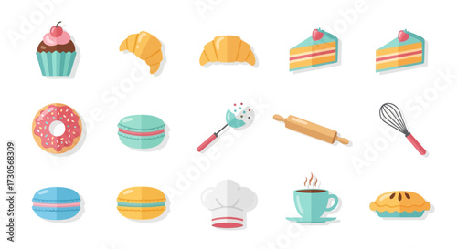 Colorful collection of flat design bakery icons with pastries, desserts, and baking utensils.