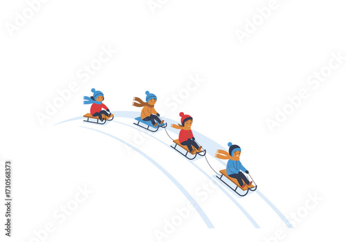 Four children sledding down a snowcovered hill in colorful winter attire
