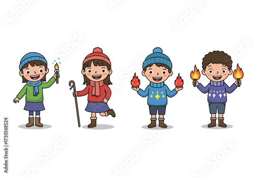 Four kids in winter clothes hold candlesfire