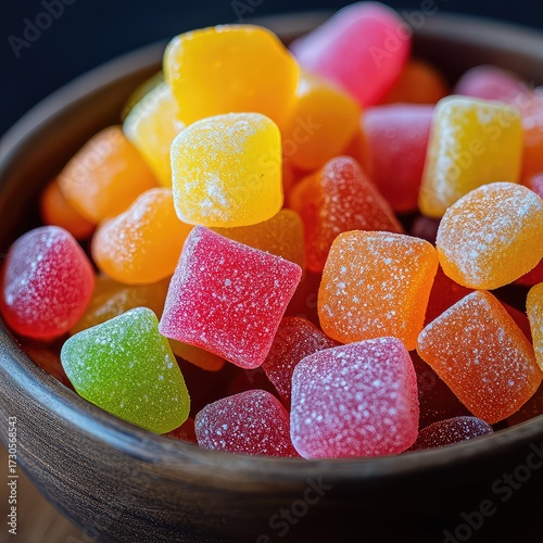 Close-up of assorted sugar-coated jelly gumdrops in a dark wooden bowl