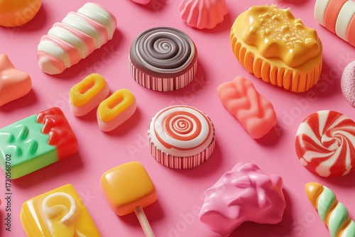 Flat lay arrangement of colorful assorted molded 3d candies on a bright pink background