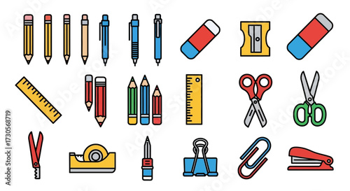 Colorful Stationery Icons - Pencils, Pens, Erasers, Rulers, Scissors, and More.