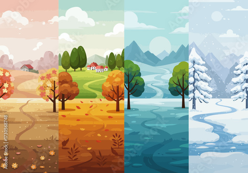 Four landscape panels depict autumn summer spring winter