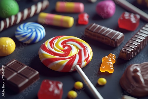 Top view of assorted colorful lollipops, chocolate, and jellies on a dark background