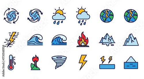 Colorful Weather Icons Set Depicting Various Natural Phenomena and Elements.