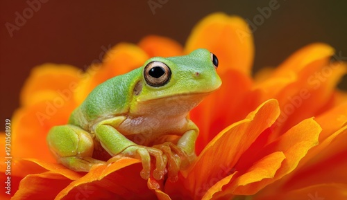 Green tree frog perched on vibrant orange flower petals close up