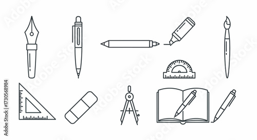 Detailed line art collection of essential school and office supplies - pens, pencils, rulers, compass, eraser, notebook.